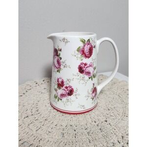 Grace Fine Porcelain Floral Rose Pitcher White Pink Shabby Chic Cottagecore 6.5"
